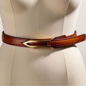Pierre Cardin VTG leather slim leather belt, brown w/copper peg buckle, 28-34”